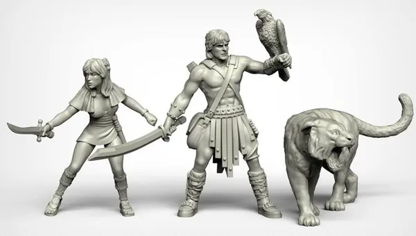 A set of three fantasy miniatures features a muscular male hero wielding a sword and holding a falcon, alongside a svelte female character brandishing a dagger. Both figures are depicted in a dynamic pose, showcasing intricate details in their clothing and accessories, reminiscent of 80s high-fantasy cinema. The miniatures are presented in a light gray color, highlighting their sculptural features.