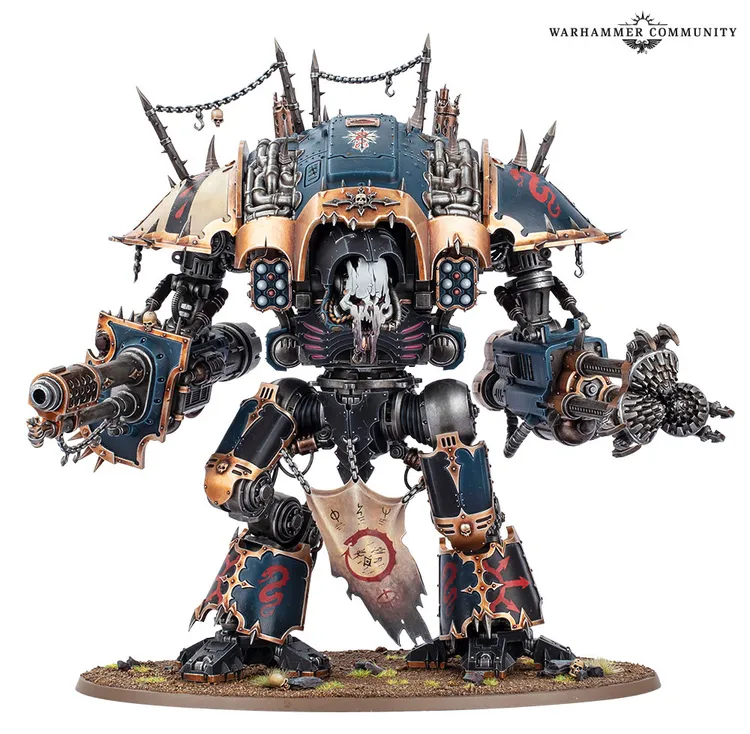 A large, imposing Chaos Knight model stands prominently, featuring a heavily armored chassis adorned with spikes and chains. The model showcases intricate details, including a skull motif on the chest and various weaponry, such as a large cannon and a spiked arm. The color scheme combines dark tones with metallic accents, and the base is decorated with small debris and grass, enhancing the overall menacing appearance.