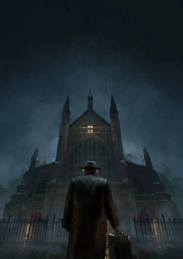 A figure in a dark coat and hat stands with their back to the viewer, facing a large, gothic-style church illuminated by a single light in the upper window. The scene is set in a rainy atmosphere, with droplets visible in the air, and the church is surrounded by a wrought-iron fence, adding to the ominous ambiance. The overall color palette is dark and moody, enhancing the sense of mystery and foreboding.