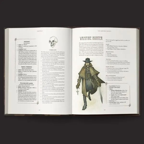 An open book displays two pages featuring a character profile for a "Vampire Hunter." The left page includes a list of threats and details about the character's background, while the right page features an illustration of the vampire hunter, dressed in a long coat and hat, holding a sword and a lantern. The overall design incorporates gothic elements, with decorative borders and a skull icon, enhancing the dark fantasy theme of the Vaesen game.