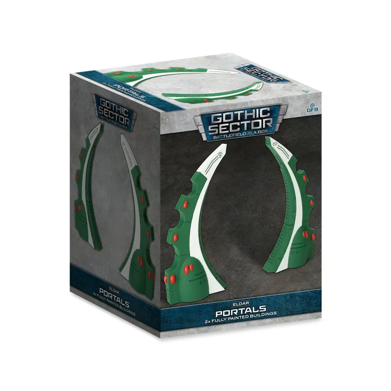 A box featuring two Eldar portals from the Battlefield in a Box range by Gales Force Nine. The portals are designed with graceful, fluid arches in a vibrant green color, accented with white and red details. The packaging prominently displays the title "Eldar Portals" along with the Gothic Sector branding, indicating that these are fully painted buildings ready for immediate use in tabletop gaming.