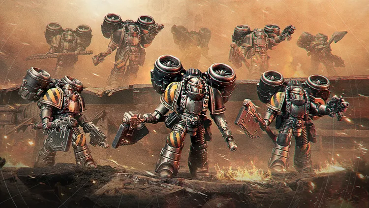 A group of Space Marines in MkII Assault Armor is depicted, showcasing their distinctive jetpacks and weapons. The Marines are set against a gritty, war-torn background with a smoky atmosphere, emphasizing the grim aesthetic of the Warhammer 40,000 universe. Their armor features a metallic finish with yellow and black stripes, highlighting their dynamic poses as they prepare for battle.