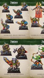 A collection of colorful goblin miniatures is displayed, featuring various character types including heroes, champions, standard bearers, and Iron Skulls. Each miniature is intricately designed, showcasing unique details and poses, with vibrant colors that highlight their personalities. The bottom section includes goblin archers and mercenaries, all presented on 25mm square bases, emphasizing their role in a fantasy warband or army.