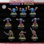 A collection of nine chaotic miniatures from the BeQuest Miniatures range, titled "Chaotic Realms: Change & Plague," is displayed against a black background. The miniatures include vibrant, grotesque figures such as "Twisted," "Big Finger," and "Nubbies," each with unique features and dynamic poses. The bottom row features "Pox," "Maggot," and "Putrid," showcasing detailed sculpting and colorful bases, emphasizing their chaotic and fantastical nature.
