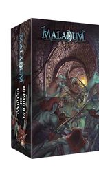 A box for the "Maladum" tabletop game expansion titled "Dominion of Urghal" features a dynamic illustration of a chaotic battle scene set in a dark, stone-walled environment. Various creatures, including menacing Urmeck, are depicted engaging in combat, with a central figure wielding a weapon amidst the fray. The title and subtitle are prominently displayed on the front, emphasizing the expansion's focus on the new Urmeck faction.
