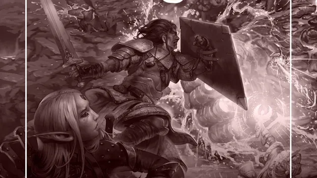 A dynamic illustration features a fierce battle scene from Pathfinder Quest, showcasing a warrior in armor wielding a sword and shield, engaged in combat against a chaotic backdrop of swirling magical energy and monstrous foes. In the foreground, an elf character looks on, adding to the sense of urgency and adventure. The title "Pathfinder Quest" is prominently displayed at the top in a bold, stylized font.