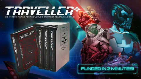Four hardcover books for the Traveller 5E tabletop roleplaying game are displayed prominently, featuring distinct covers. The books include "Core Rules" with a red design, "Gears and Robots" in black, "Worlds and Vehicles" also in black, and "Starships" in a similar style, all housed in a white slipcase adorned with a logo. The background features a cosmic scene with hints of futuristic technology, emphasizing the sci-fi theme of the game.