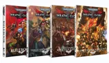 Four tabletop roleplaying game books are displayed, all part of the Warhammer 40,000 Roleplay: Wrath & Glory series. From left to right, the covers feature vibrant artwork: the first book is titled "Rulebook," showcasing a dynamic scene with characters in battle; the second, "Threat Assessment: Daemons & Heretics," depicts a confrontation with dark forces; the third, "Threat Assessment: Xenos," features alien adversaries; and the fourth, "Vow of Absolution," highlights the Absolvers Chapter with Astartes in action. Each cover is adorned with the Warhammer 40,000 logo and thematic elements reflecting the grimdark universe.