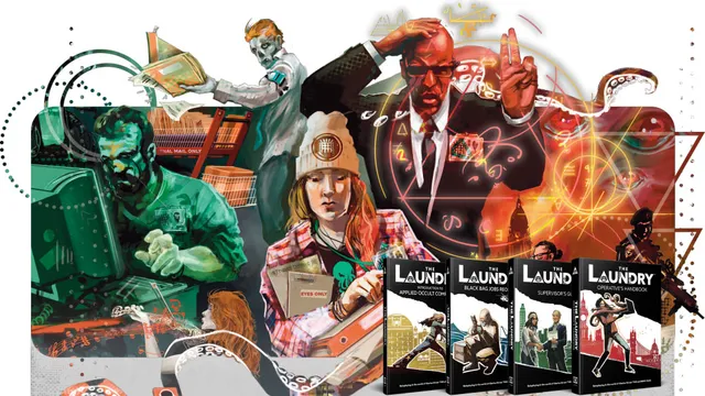 A vibrant illustration features several characters engaged in various activities related to the occult and espionage, set against a backdrop of chaotic office elements and mystical symbols. Prominent figures include a man in a suit with a serious expression, a woman with long hair and a beanie, and a man focused on a computer, all surrounded by swirling graphics that suggest supernatural themes. In the foreground, three books titled "Introduction to Applied Occult Computing," "Black Bag Jobs Reopened," and "Supervisor's Guide" are displayed, showcasing their distinct covers.