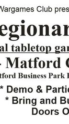 A promotional poster for "Exeter Legionary 2022," featuring bold text announcing the event as Exeter's annual tabletop gaming show. The date is set for May 9th at the Matford Centre, located at Matford Business Park, Exeter. Additional details highlight activities such as demo and participation games, a bring-and-buy section, and trading opportunities, with doors opening at 10:00.