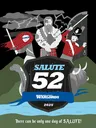 A stylized graphic for Salute 52 features a central shield with the text "SALUTE 52" prominently displayed, flanked by the words "SOUTH LONDON WARLORDS" and the year "2025." Surrounding the shield are four characters: a warrior with a sword and shield, a bagpiper, a soldier in a red coat, and a woman with red hair and a blue mask. In the background, there are elements like a dinosaur and a Highland cow, set against a dramatic sky with lightning. The bottom of the image includes the phrase, "There can be only one day of SALUTE!"