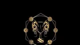 Gold-colored logo on a black background. The logo features a stylized shield with a decorative border. At the center of the shield is a goblet flanked by two dragon-like creatures with wings spread. Surrounding the shield are six circular medallions, each containing a different symbol: a six-sided die showing a 12, a flame, a stylized eye, a sword crossed with a scroll, a gear, and a triangle with a line through it.

Below the shield, the text reads:
"ENNIES
Celebrating Excellence in Tabletop
Role-Playing Games
Since 2001"