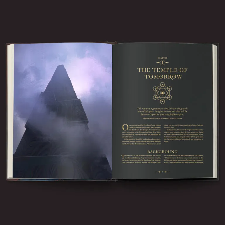 A partially open book displays the chapter titled "THE TEMPLE OF TOMORROW," featuring a striking image of a towering, pyramid-like structure shrouded in mist. The left page shows the base of the pyramid, while the right page contains text in an elegant font, detailing the chapter's introduction and background. The overall color scheme is dark, enhancing the mysterious and atmospheric feel of the scene.