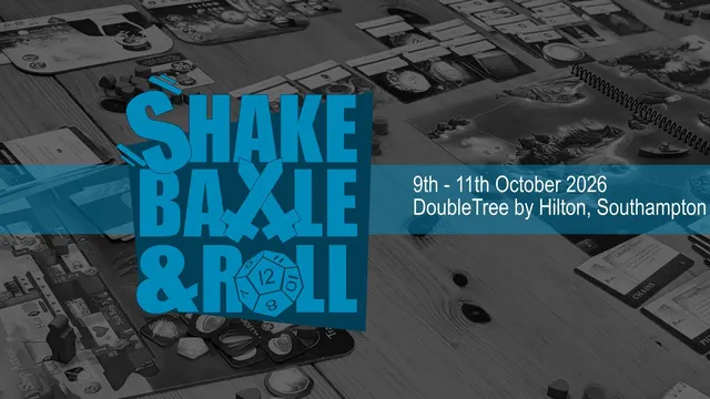 A tabletop gaming scene featuring various board games spread across a wooden table, with game pieces and cards visible. The background includes a map-like game board depicting islands and boats. Overlaying the image is text that reads "9th - 11th October 2026, DoubleTree by Hilton, Southampton."