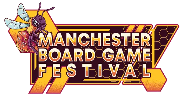 A vibrant logo for the Manchester Board Game Festival features a stylized bee holding a red dice, set against a geometric background of yellow and maroon. The text "MANCHESTER BOARD GAME FESTIVAL" is prominently displayed in bold, white letters, with a dynamic design that includes hexagonal shapes and lines. The overall aesthetic conveys a fun and energetic atmosphere, suitable for a board game event.