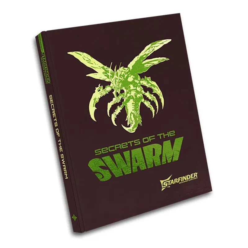 Dark brown book cover with green insect-like creature and text "SECRETS OF THE SWARM" and "STARFINDER".