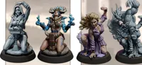 Three intricately designed female miniatures are displayed on black bases. The central figure features a character with blue hair and tribal attire, adorned with horns and holding glowing blue flames. On the left, a warrior in a form-fitting outfit stands confidently, while on the right, a character in a flowing purple dress is posed dramatically, showcasing detailed facial features and dynamic hair. Each miniature reflects a blend of fantasy elements and characterful design.
