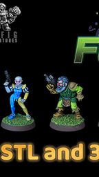 Five colorful 3D-printed miniatures stand in a row, each depicting unique characters from a sci-fi theme. From left to right, they include a blue-skinned figure with a skull face, a green-clad character with a beard, an orange-suited figure holding a weapon, a blue and gray character aiming a gun, and a yellow-clad figure. Above them, the title "SPACE FORBAND" is displayed prominently, along with the text "STL and 3D printed miniatures" below.