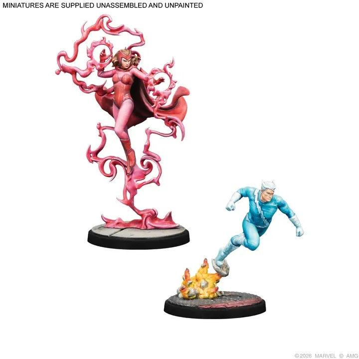 Scarlet Witch and Quicksilver miniatures on bases.