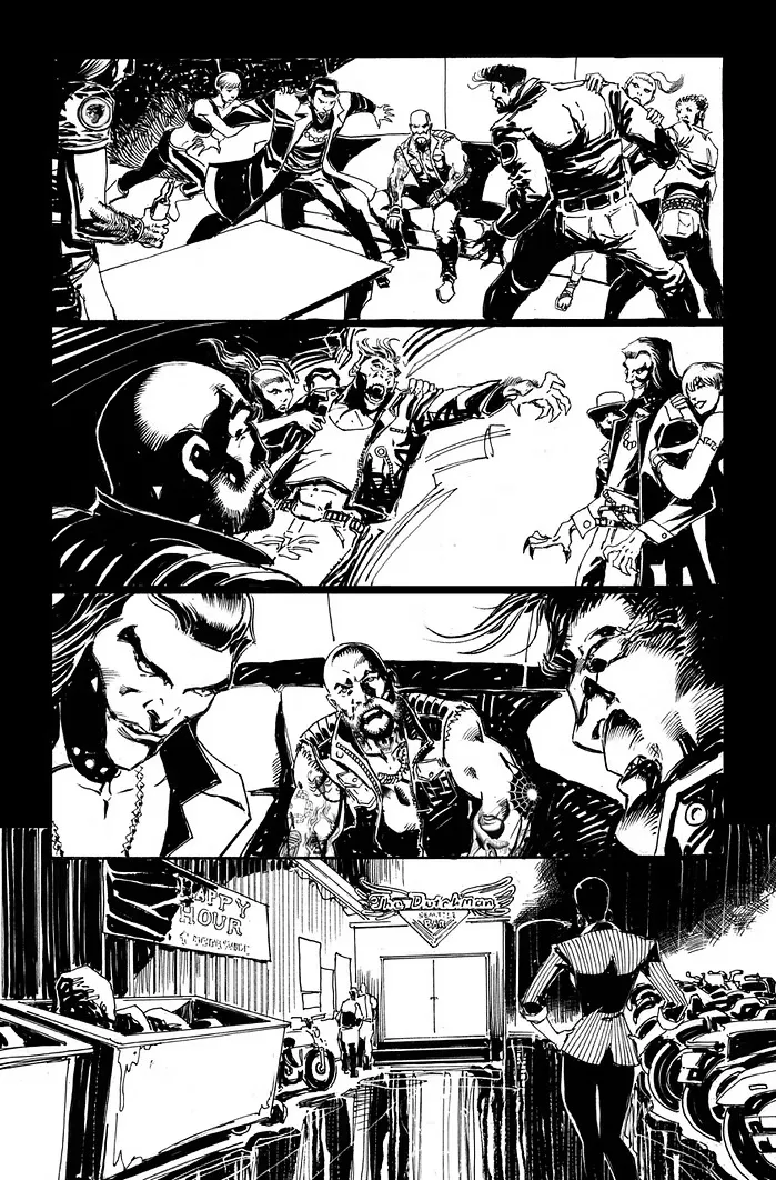 Black-and-white comic panels showing vampires fighting in a bar called "The Dirckman".