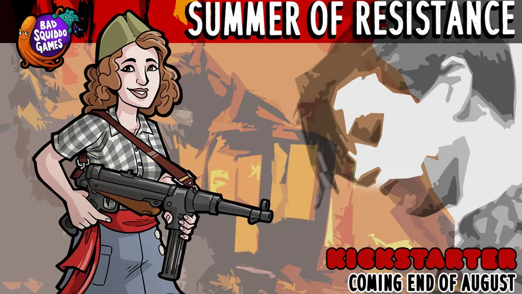 A stylized illustration features a woman with curly hair, wearing a green beret and a checkered shirt, holding a rifle confidently. The background depicts abstract shapes and colors, suggesting a war-torn environment, while bold text at the top reads "SUMMER OF RESISTANCE" and at the bottom, "KICKSTARTER COMING END OF." The overall tone conveys a sense of empowerment and resilience.