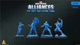 Four blue push-fit miniatures from the Marvel: Crisis Protocol Alliances game are displayed against a dark background. The figures include a female character in a dynamic pose, a male character holding a shield, another male character in a standing pose, and a character with a bow and arrow, all showcasing detailed features. The title "ALLIANCES" and "THE ONCE AND FUTURE KANG" are prominently featured above the miniatures, indicating the game's release in the second quarter of 2027.