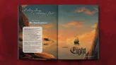 Open book with text and a ship sailing at sunset.