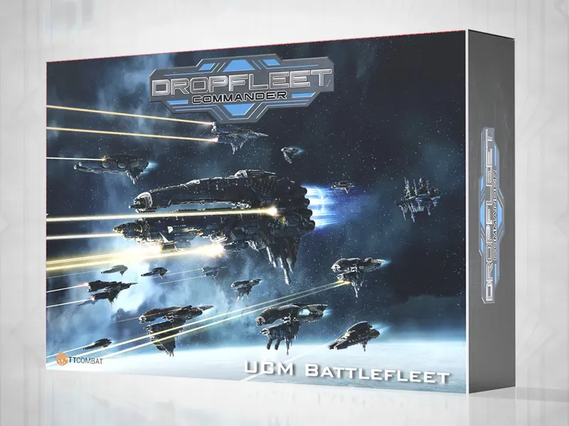 A dynamic illustration showcases a fleet of futuristic spaceships from the game Dropfleet Commander, set against a starry backdrop. The central ship is large and detailed, emitting blue engine trails, while smaller vessels surround it, all depicted in various orientations as if engaged in a tactical maneuver. The title "DROPFLEET COMMANDER" is prominently displayed at the top, with "UGM BATTLEFLEET" at the bottom, indicating the specific faction represented.