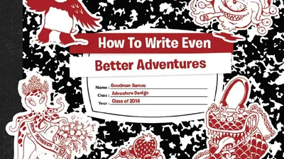 Composition notebook cover with red doodles, title "How To Write Even Better Adventures", and name/year fields.