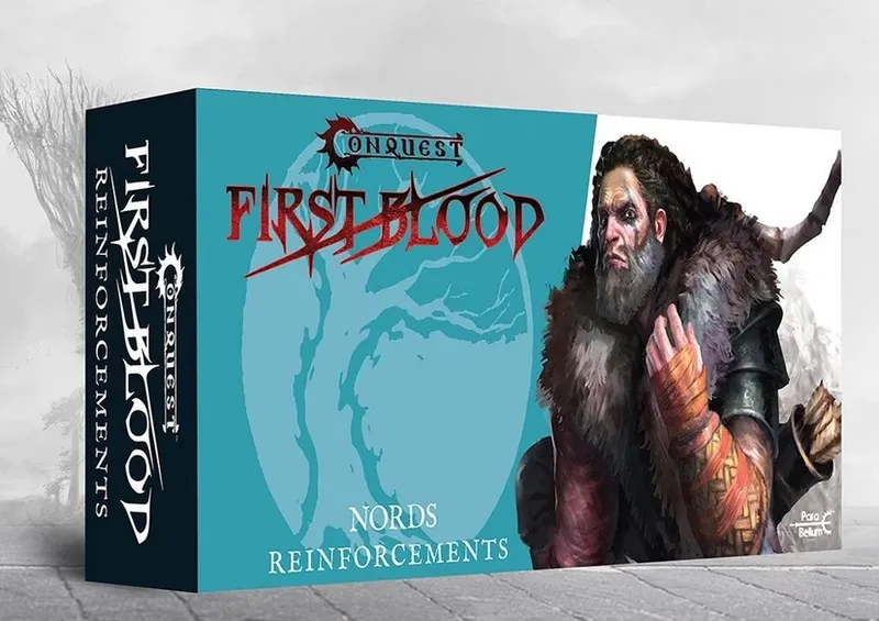 "Conquest First Blood Nords Reinforcements" box cover with a bearded warrior in fur and armor.