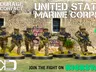 A group of five U.S. Marine miniatures is depicted, each in tactical gear and holding weapons, set against a backdrop of a weathered building with visible stone walls and a window. The miniatures are painted in a camouflage pattern, and they stand on circular bases with tufts of grass around them. The text "COURAGE IN CONTACT" and "UNITED STATES MARINE CORPS" is prominently displayed, along with a call to action to "JOIN THE FIGHT ON KICKSTARTER."