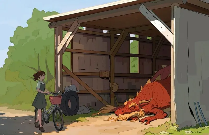 A young girl in a green dress stands next to a red bicycle with a basket, facing a large, sleeping red dragon inside a wooden barn with open doors. The barn has a slanted roof, exposed beams, and a tire leaning against its wall. Green foliage is visible in the background.