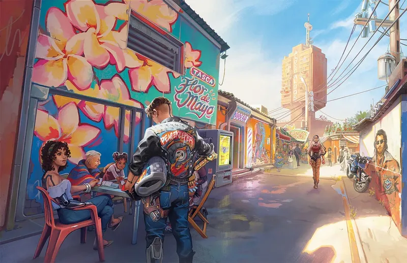 A vibrant street scene in Night City features a young person wearing a black jacket with "DEADKEEPER" emblazoned on the back, standing with their back to the viewer. In the foreground, three individuals are seated at a table, engaged in conversation, while colorful murals of flowers and graffiti adorn the walls around them. The setting is lively, with various shops and neon signs visible in the background, capturing the essence of a bustling urban environment.