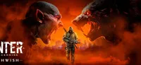 A hooded figure holding a rifle stands in a smoky, fiery cityscape, facing two large, snarling monstrous heads with glowing red eyes.