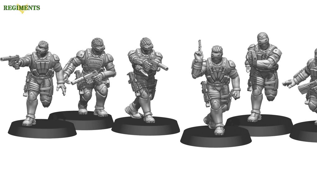 Three sci-fi miniatures are displayed, featuring stealth-suited soldiers in dynamic poses. The figures are equipped with various weapons, including a pistol and an MP7, and wear tactical gear such as body armor and goggles. Each miniature stands on a circular base, showcasing detailed sculpting and design.