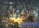 A dynamic scene from the fantasy dungeon crawler Maladum: Oblivion's Maw features several adventurers engaged in battle against a monstrous threat. The characters, including a warrior wielding a sword and a spellcaster casting magic, are surrounded by grotesque, writhing creatures and a fiery backdrop. The title "OBLIVION'S MAW" is prominently displayed at the bottom, indicating this is an expansion for the game.