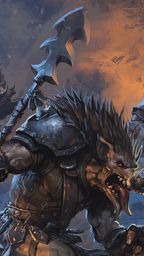 A group of fierce, anthropomorphic boars clad in rugged armor and wielding weapons, including a large, spiked spear, charge forward in a dynamic battle scene. Their muscular forms are accentuated by spiky fur and menacing expressions, showcasing their readiness for combat. In the background, additional boars can be seen, adding to the chaotic atmosphere of the illustration, which features dark, smoky tones and hints of fiery orange, suggesting a tumultuous battlefield.