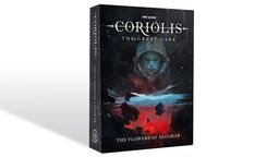 A visually striking book cover for "The Flowers of Algorab," part of the Coriolis: The Great Dark RPG, features a central figure in a space helmet, surrounded by a cosmic backdrop filled with stars and swirling colors. The lower portion of the cover displays a dramatic landscape with dark rocks and a figure standing at the edge, suggesting exploration and adventure. The title and publisher's name are prominently displayed at the top and bottom, enhancing the overall sci-fi aesthetic.