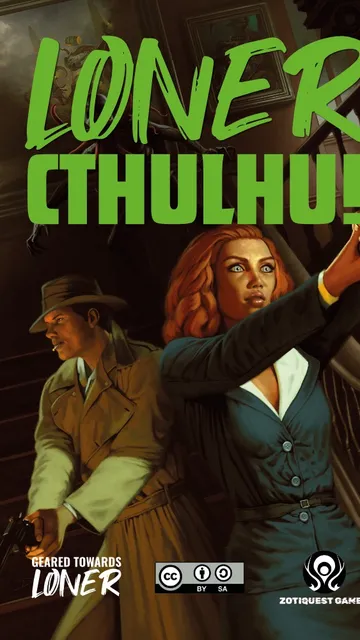 Large, bold, green and black text at the top reads "LIVE IN CTHULHU!" In the foreground, a person with bright red hair, wearing a teal jacket over a white shirt, is reclining in a wooden chair. They are holding a revolver in their right hand, pointing it upward. Their expression appears alarmed. Behind them, an older person with white hair and a mustache, wearing a light brown suit, a green shirt, and a light-colored hat, stands with a concerned look on their face. The setting appears dimly lit, with indistinct dark shapes in the background.