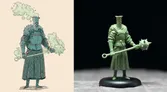 On the left, a colorful illustration depicts a knight with a distinctive square helmet, adorned in armor with a textured pattern, holding a staff topped with a spiked ball. Wisps of green smoke emanate from the figure, adding a mystical element. On the right, a three-dimensional resin miniature of the same knight is shown, featuring similar details but in a muted green color, standing on a black base against a dark background.