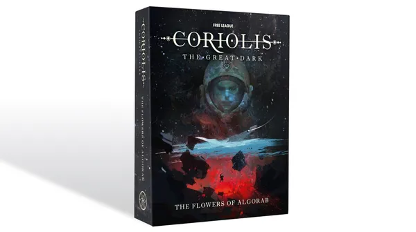 A visually striking book cover for "The Flowers of Algorab," part of the Coriolis: The Great Dark RPG, features a central figure in a space helmet, surrounded by a cosmic backdrop filled with stars and swirling colors. The lower portion of the cover displays a dramatic landscape with dark rocks and a figure standing at the edge, suggesting exploration and adventure. The title and publisher's name are prominently displayed at the top and bottom, enhancing the overall sci-fi aesthetic.