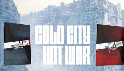 The image features two RPG rulebooks side by side: "Cold City" on the left and "Hot War" on the right. "Cold City" has a dark cover with a blue and black color scheme, while "Hot War" features a red and black design. Both titles are prominently displayed in bold, white lettering against a backdrop that suggests a map or urban landscape, hinting at the themes of conflict and exploration in their respective settings.