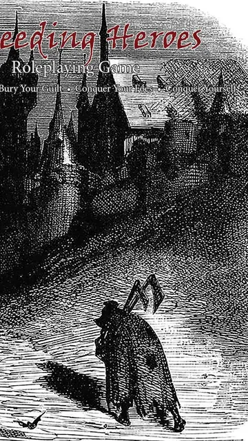 Gothic castle silhouette with flying bats, text "Bleeding Heroes Roleplaying Game"