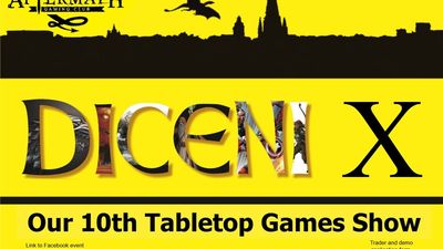 A bright yellow poster announces the 10th Diceni Tabletop Games Show, featuring bold black text that reads "DICENI X" at the top. Below, details include the date, "Sunday 3rd May 2026," and the location, "The Forum, Norwich," with event hours from 10 AM to 4 PM and a note that entry is free. The design includes a silhouette of a dragon and other fantasy elements, along with a QR code for additional information.