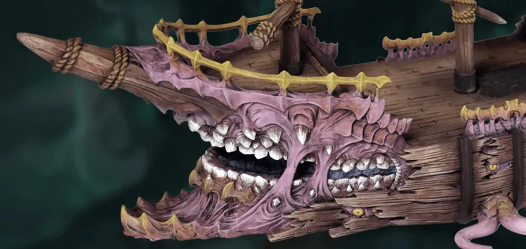 A detailed model of a sailing ship designed to resemble a mimic, featuring a large, gaping mouth with sharp teeth at the bow. The ship's body is textured with a mix of wood and fleshy elements, showcasing a pinkish hue and various grotesque features, including additional smaller mouths and eyes. The deck is adorned with a wooden railing and a central mast, emphasizing its fantastical and eerie design.