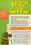 A colorful promotional poster for the miniatures skirmish game "SPACE GITS" features bold, playful typography and illustrations. The top section includes the title "SPACE GITS" in large, eye-catching letters, with a vibrant green background. Below, a humorous description outlines the game's premise, highlighting the chaotic antics of orcs in the megacity of Gnork. 

Illustrations depict a comically oversized orc character holding a weapon, alongside a tower of dice, emphasizing the game's unique mechanics. The text includes quick start rules and playful phrases, creating an inviting atmosphere for potential players.