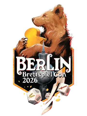 A colorful logo for the Berlin Brettspiel Con 2026 features a stylized bear holding a piece of cheese, set against a dark background. Below the bear, a prominent tower-like structure is depicted, surrounded by game elements such as dice and scattered game pieces. The event name "BERLIN Brettspiel Con" is displayed in bold, eye-catching letters, with the year "2026" clearly indicated at the bottom.