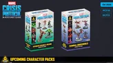 Two character packs for the Marvel: Crisis Protocol Miniatures Game are displayed, featuring vibrant artwork and miniatures. On the left, the "Hulk and She-Hulk" pack showcases figures of both characters in dynamic poses, while the right side presents the "Criminal Underworld Character Pack," featuring several characters including Deadpool and others. The packaging includes the titles and logos prominently, with a dark background enhancing the colorful miniatures.