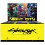 A brightly colored display box for the Cyberpunk Trading Card Game features a vibrant design with the text "WELCOME TO NIGHT CITY" prominently displayed at the top. The back of the box showcases three characters: a cybernetic figure, a woman with colorful hair and tattoos, and a man in a futuristic outfit, all set against a neon-lit backdrop. The bottom of the box is yellow with the title "Cyberpunk TCG" and the logo of CD Projekt Red, emphasizing the game's connection to the Cyberpunk universe.