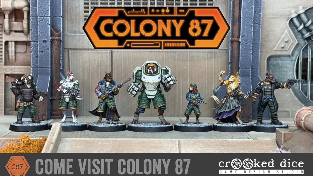 A lineup of six detailed miniatures from the game "Colony 87," set against a backdrop of industrial-style walls. The figures include anthropomorphic animals and a humanoid character, each dressed in unique outfits and holding various weapons. The title "COLONY 87" is prominently displayed at the top, with the logo of "crooked dice" at the bottom, indicating the game's design studio.